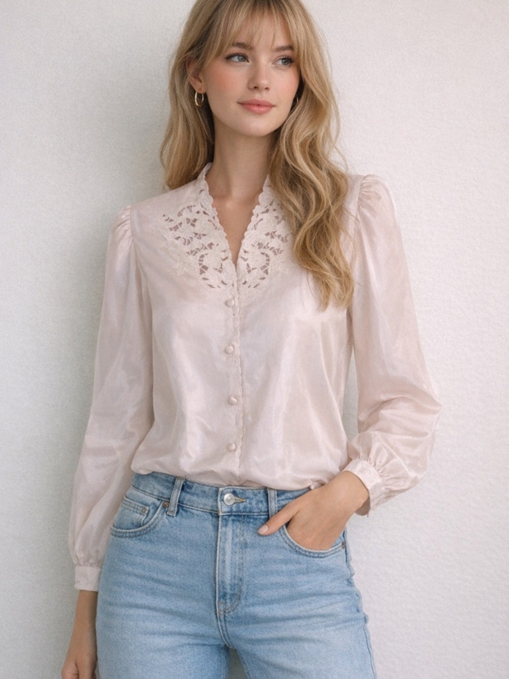 Nilani Floral Lace Blouse Covered Buttons Sz 9/10